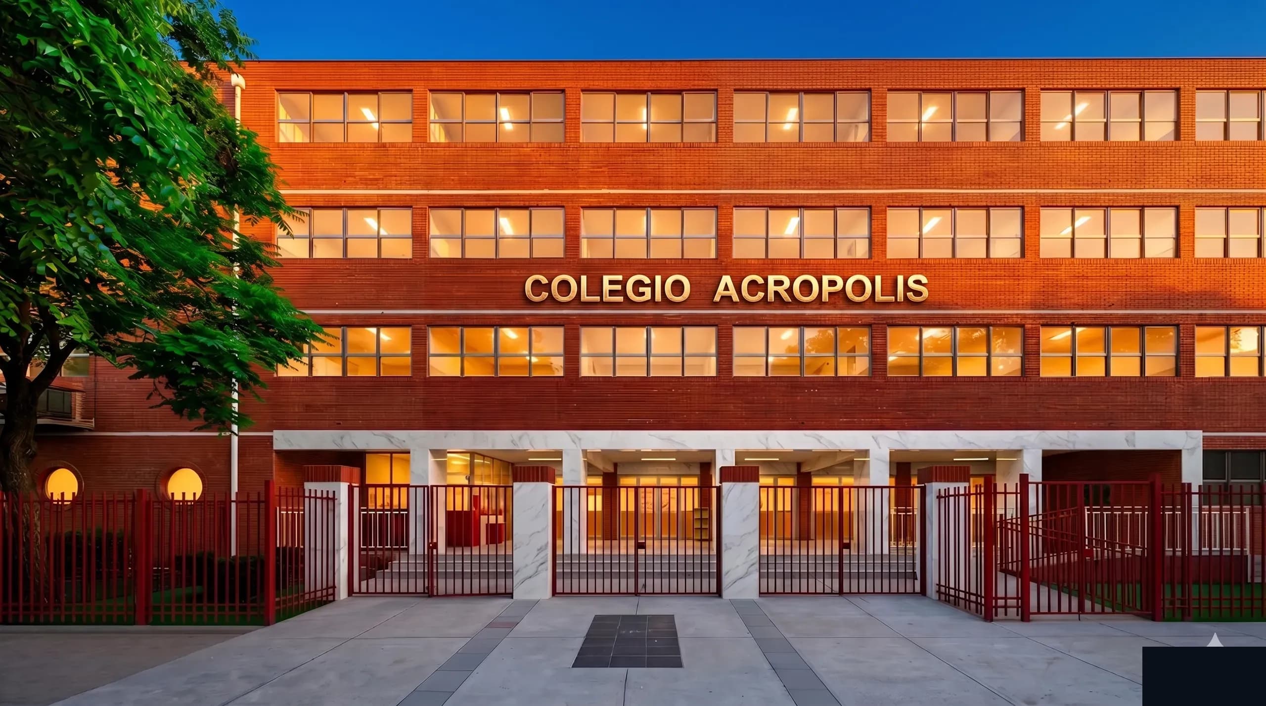 Frente del Colegio Acrópolis de noche